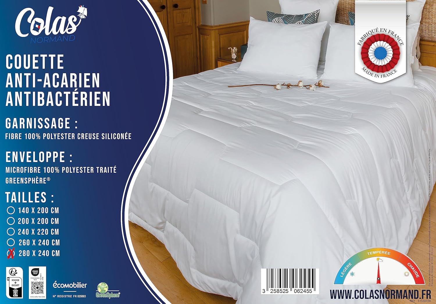 COLAS NORMAND - Couette contre les acariens et les bactéries - Tempérée - 280 X 240 Cm - Effet longue durée - Hygiène parfaite - Microfibre - Doux et confortable - Lavable Couettes et couettes Naty Shop