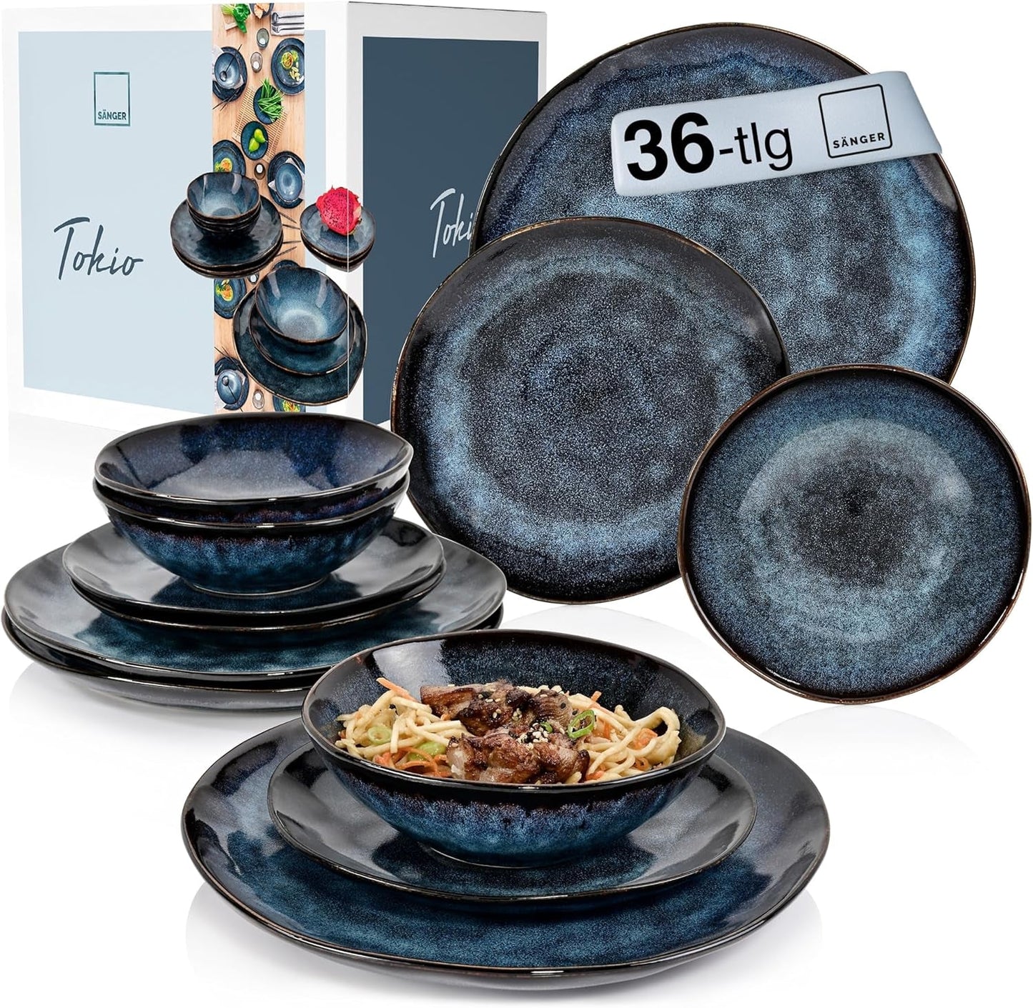 Sanger | Service de table Tokyo 36 pièces Service de table en porcelaine pour 12 personnes Vaisselle moderne faite à la main bleu foncé avec accents noirs | LA COLLECTION PREMIUM