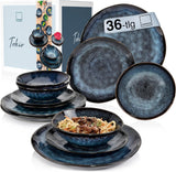 Sanger | Service de table Tokyo 36 pièces Service de table en porcelaine pour 12 personnes Vaisselle moderne faite à la main bleu foncé avec accents noirs | LA COLLECTION PREMIUM