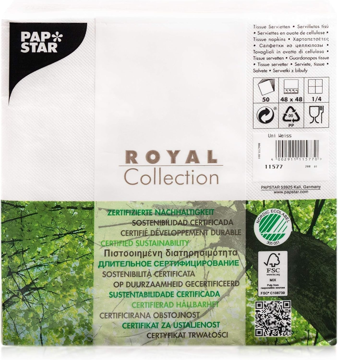 Papstar, 50 serviettes "Collection ROYAL" pli 1/4 48 cm x 48 cm blanc, #11577