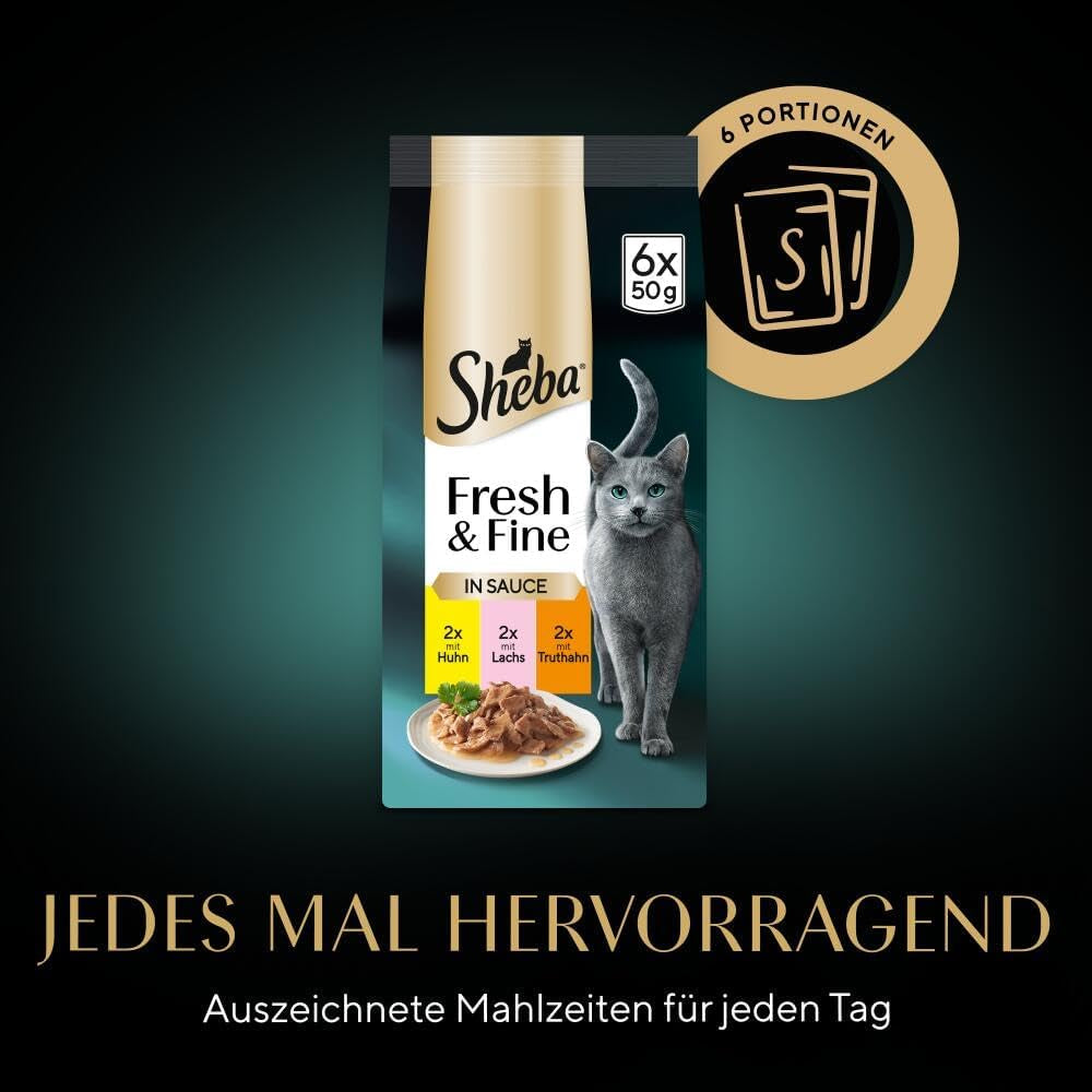 Sheba Portion Pouches Nourriture humide pour chats, multipack Fresh & Fine en sauce avec poulet et saumon MSC, 6x6x50g - Repas fins pour chats en sauce