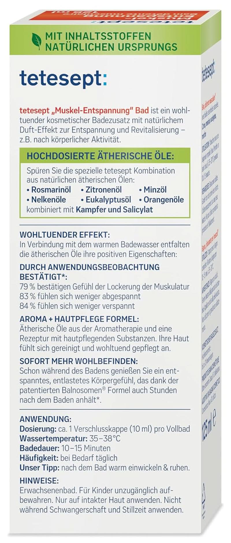 Tetesept Muskel, Additif de bain relaxant après effort physique, 125 ml Douche et bain Naty Shop