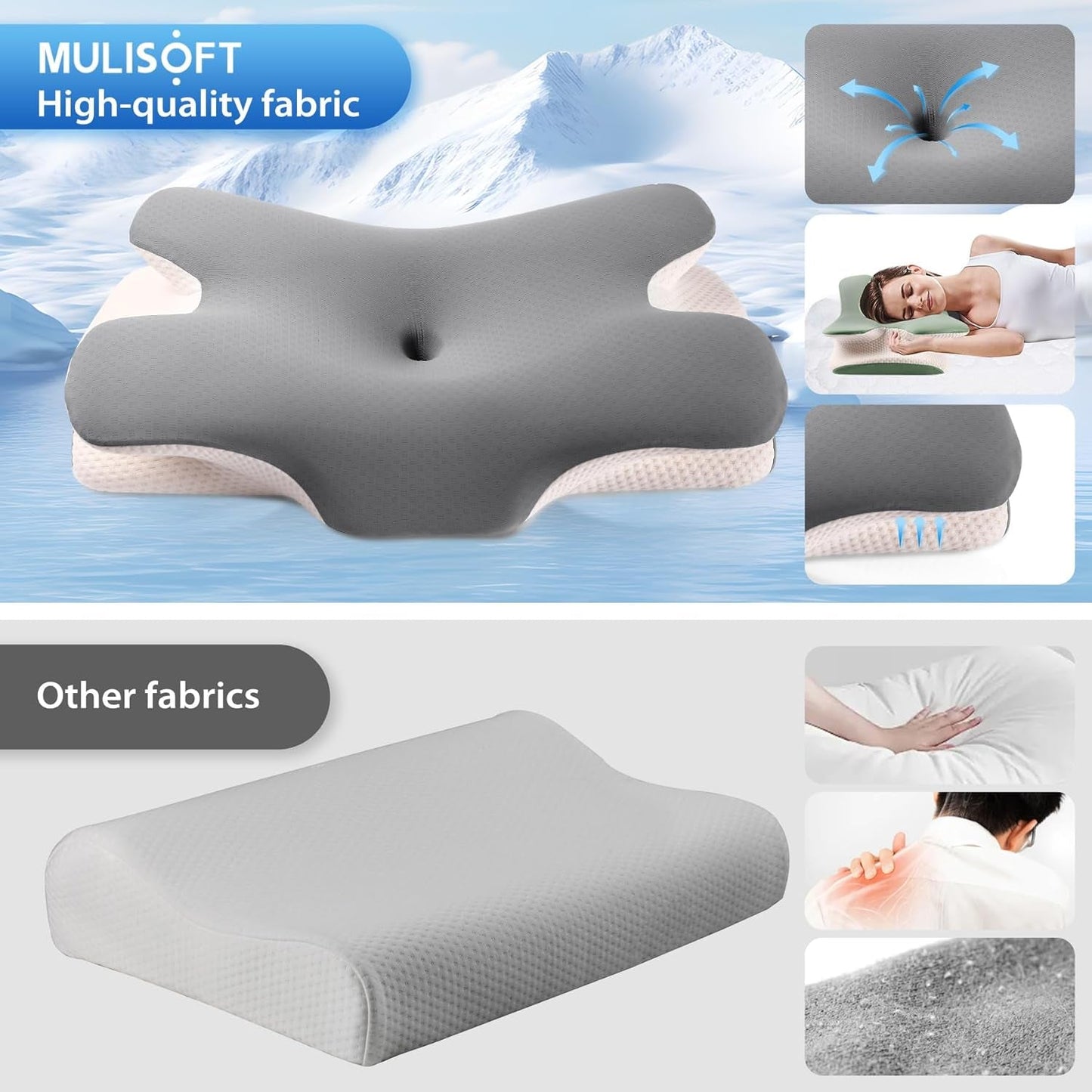 Oreiller en mousse à mémoire de forme MULISOFT, oreiller de tête confortable, oreiller de soutien du cou, oreiller ergonomique pour dormeur latéral (gris) Oreillers orthopédiques cervicaux Naty Shop