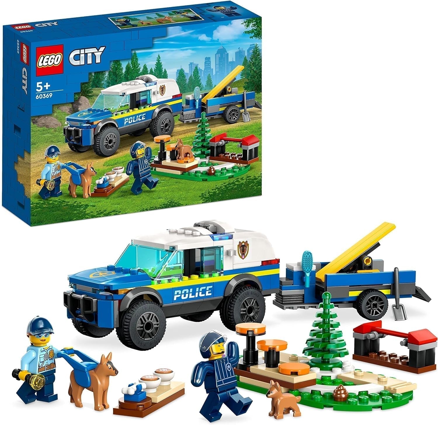 LEGO 60369 City Jouet de dressage de chien de police mobile Voiture de police avec remorque, figurines de chien et de chiot, ensemble d'animaux pour enfants de 5 ans et plus Besuche den LEGO-Store Single