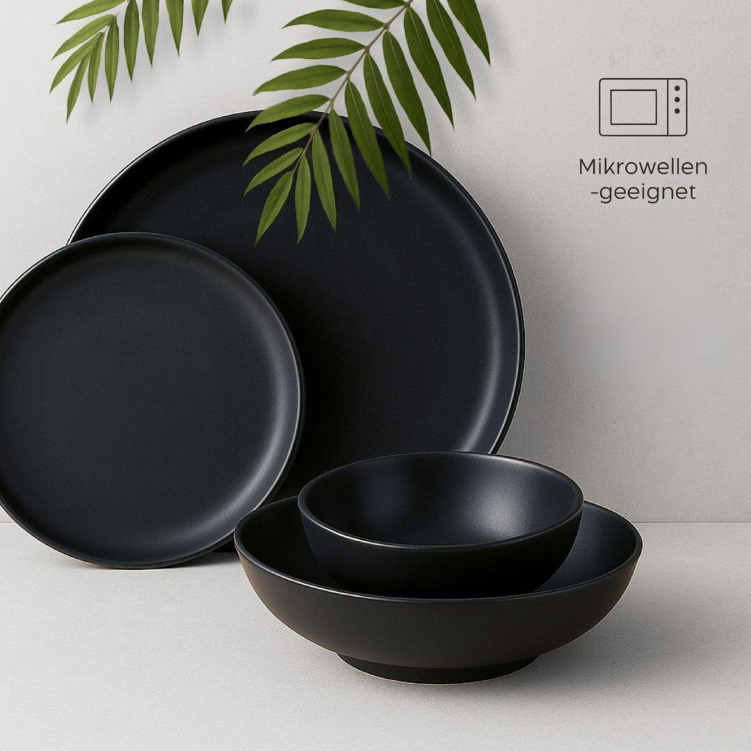 Ensemble d'assiettes en grès pour 6 personnes – Noir mat, 6 pièces, grandes assiettes allant au micro-ondes, design élégant – Collection Twinzee Ebony