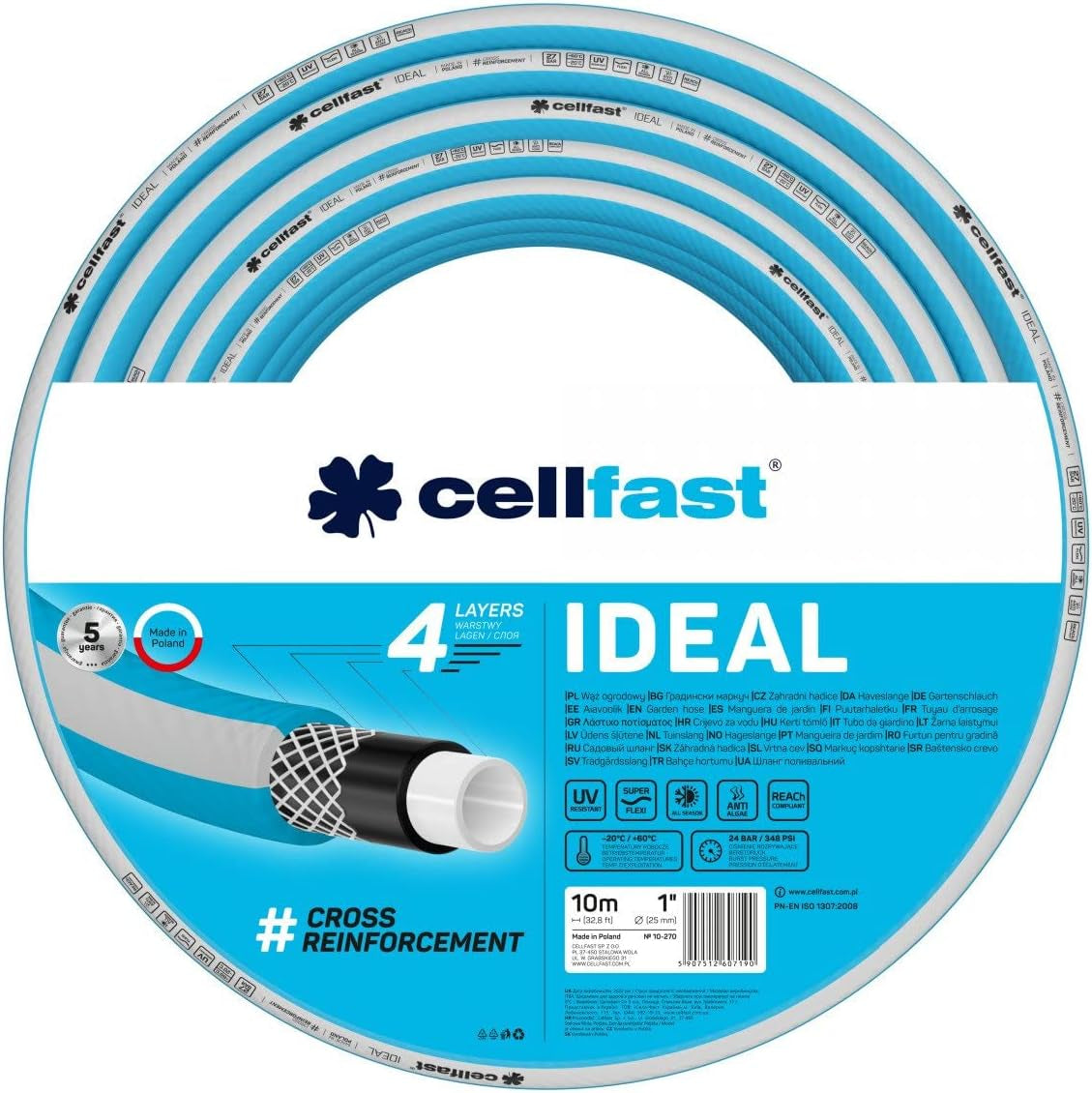 Tuyau d'arrosage Cellfast IDEAL, Durable, Flexible, 4 couches, Tresse croisée durable, Résistant aux UV et aux algues, Technologie REACH, 27 bar, -20/+60° courte durée 1", 10m
