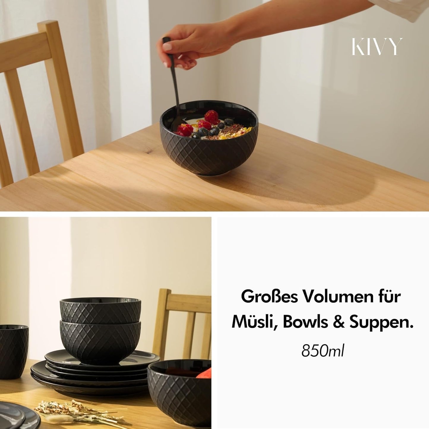KIVY Ensemble de bols à céréales - 6 x 850 ml - Grands bols à soupe et à porridge - Bol à soupe - Bol - Bols à céréales - Bols à soupe - Ensemble de bols - Bol à céréales en céramique (Blanc crème, Bols)