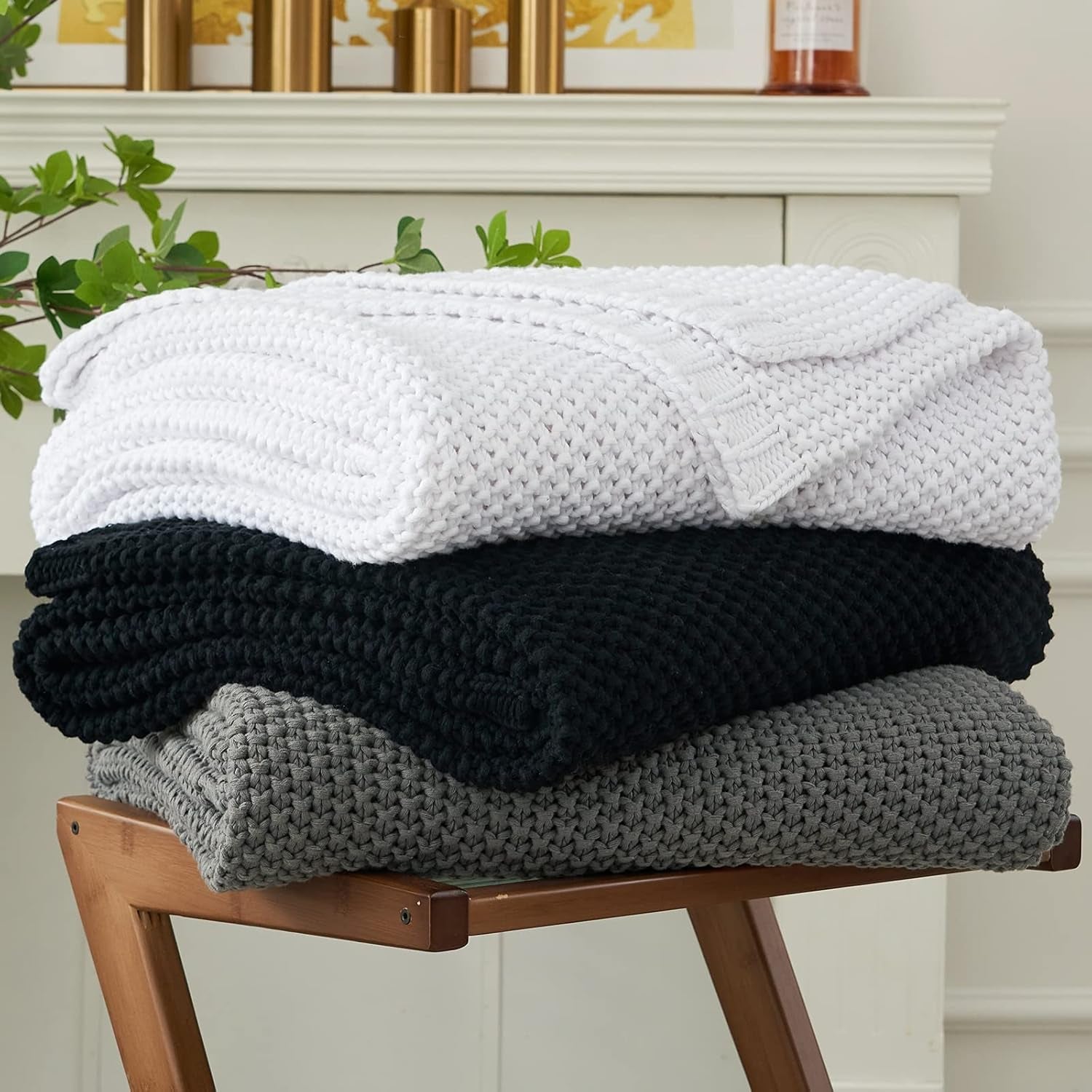 Couverture en gros tricot, Légère, Beige, 100% coton biologique, Couverture pour canapé, canapé, lit, enfant, chambre d'enfant, Rustique, Shabby chic, Ferme moderne, 152,4 X 203,2 cm, Y compris sac à linge Lits et couvertures Literie Longhui Noir 60"X80", surdimensionnée