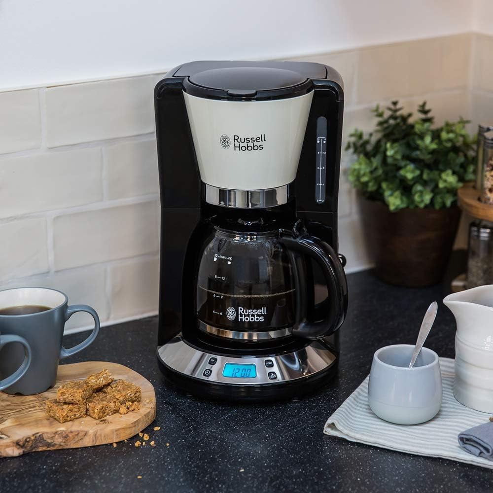 Russell Hobbs Cafetière [minuterie numérique, pomme de douche pour une extraction et un arôme optimaux] Colors+ Creme (1 à 10 tasses, carafe en verre 1,25 L, plaque chauffante, 1100 W) Cafetière à filtre 24033-56