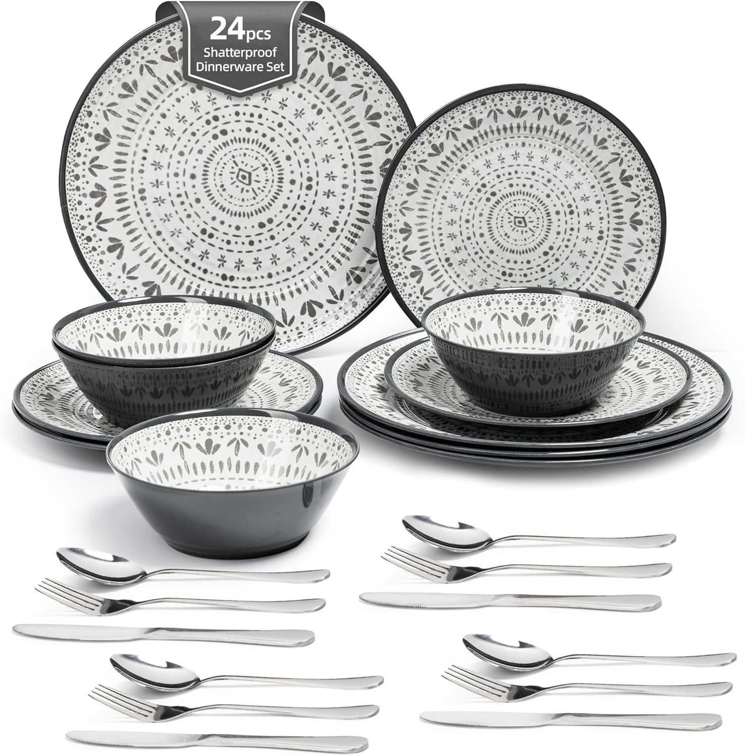Ensemble de couverts en mélamine 24 pièces, ensemble d'assiettes et de vaisselle de Camping pour 4 personnes, pour les voyages et l'extérieur