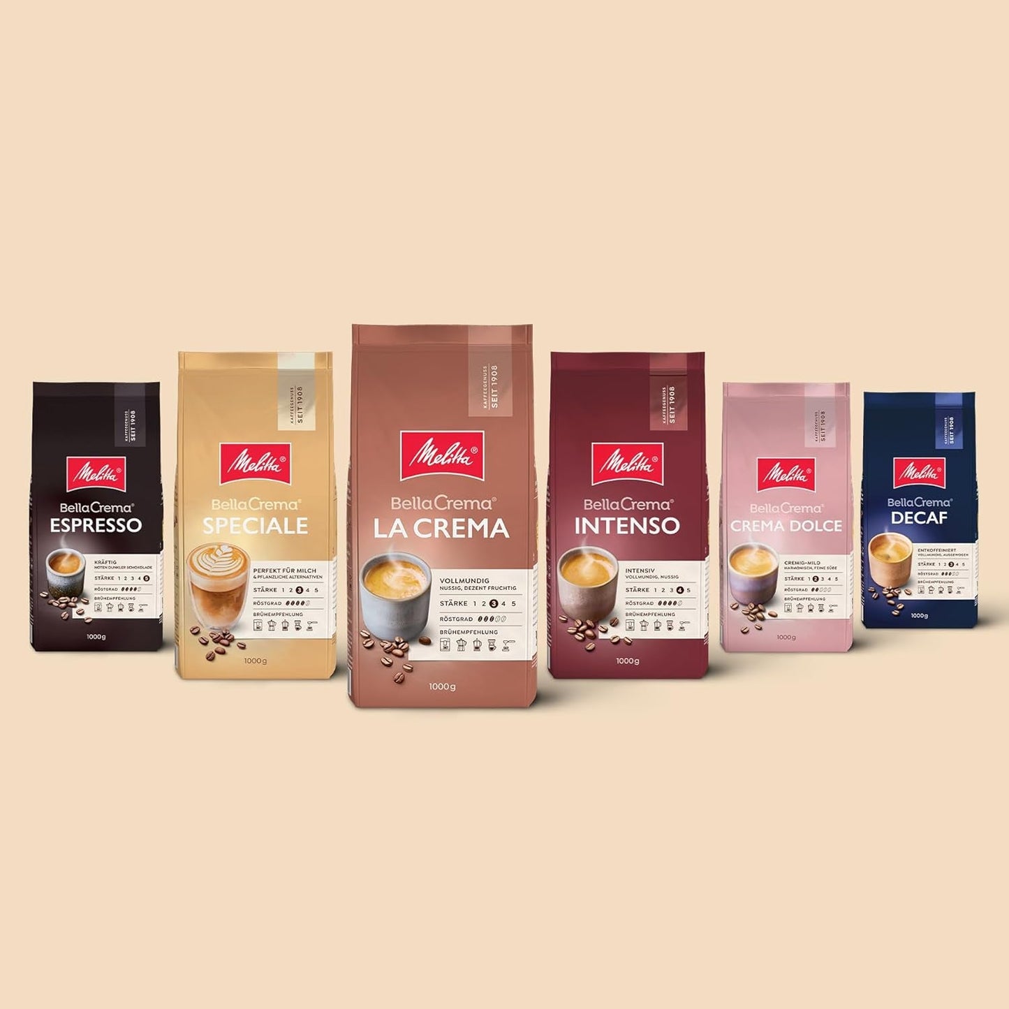 Melitta BellaCrema Espresso Whole Kaffee-Bohnen 1kg, ungemahlen, Kaffeebohnen für Kaffee-Vollautomat, kärtige Röstung, geröstet in Deutschland, Stärke 5