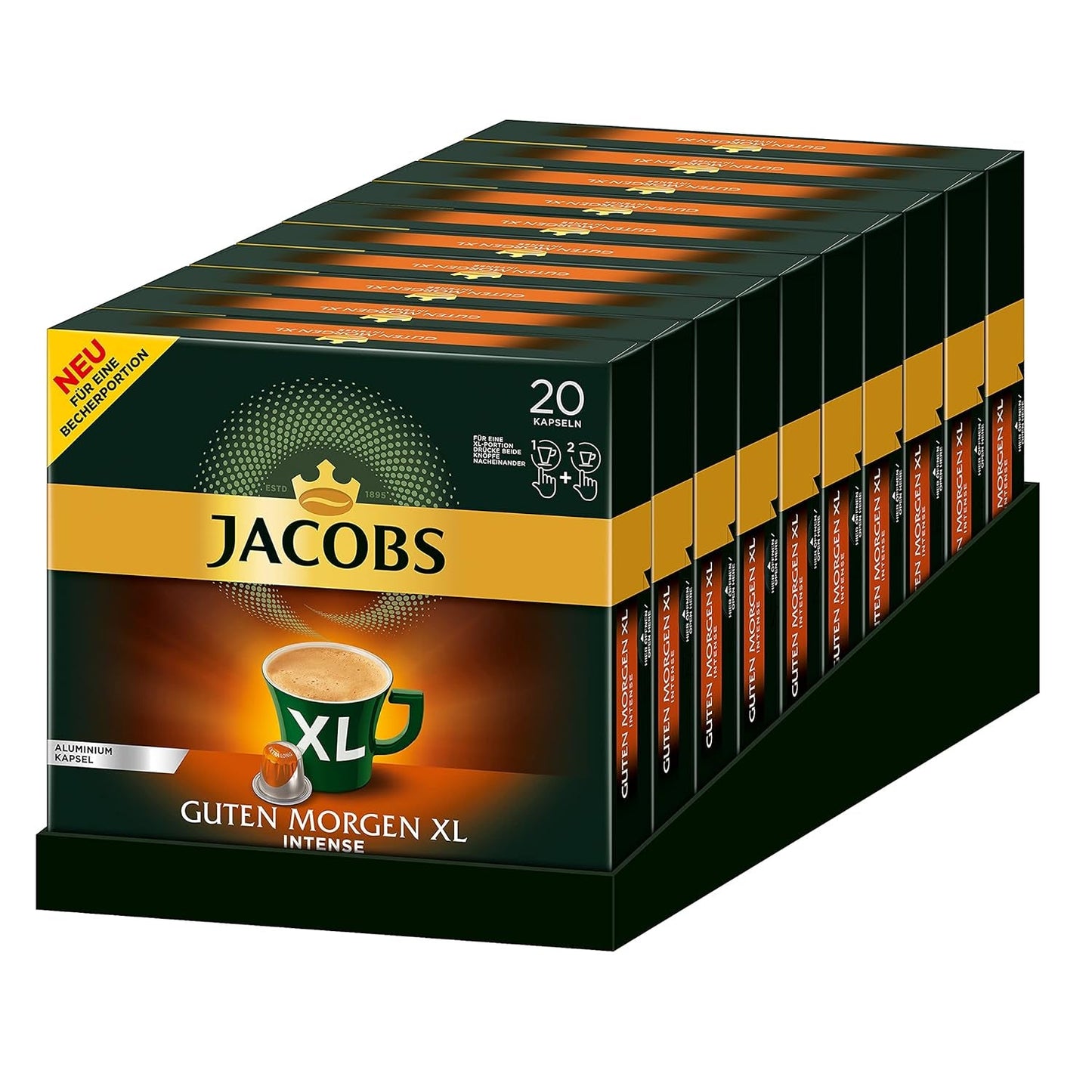 Jacobs Kaffeekapseln Guten Morgen XL Intense - 10er Pack (10 x 20 Getränke) & Kaffeekapseln Krönung Crema, 200 Nespresso compatible Kapseln, 10er Pack, 10 x 20 Getränke, 1040 g
