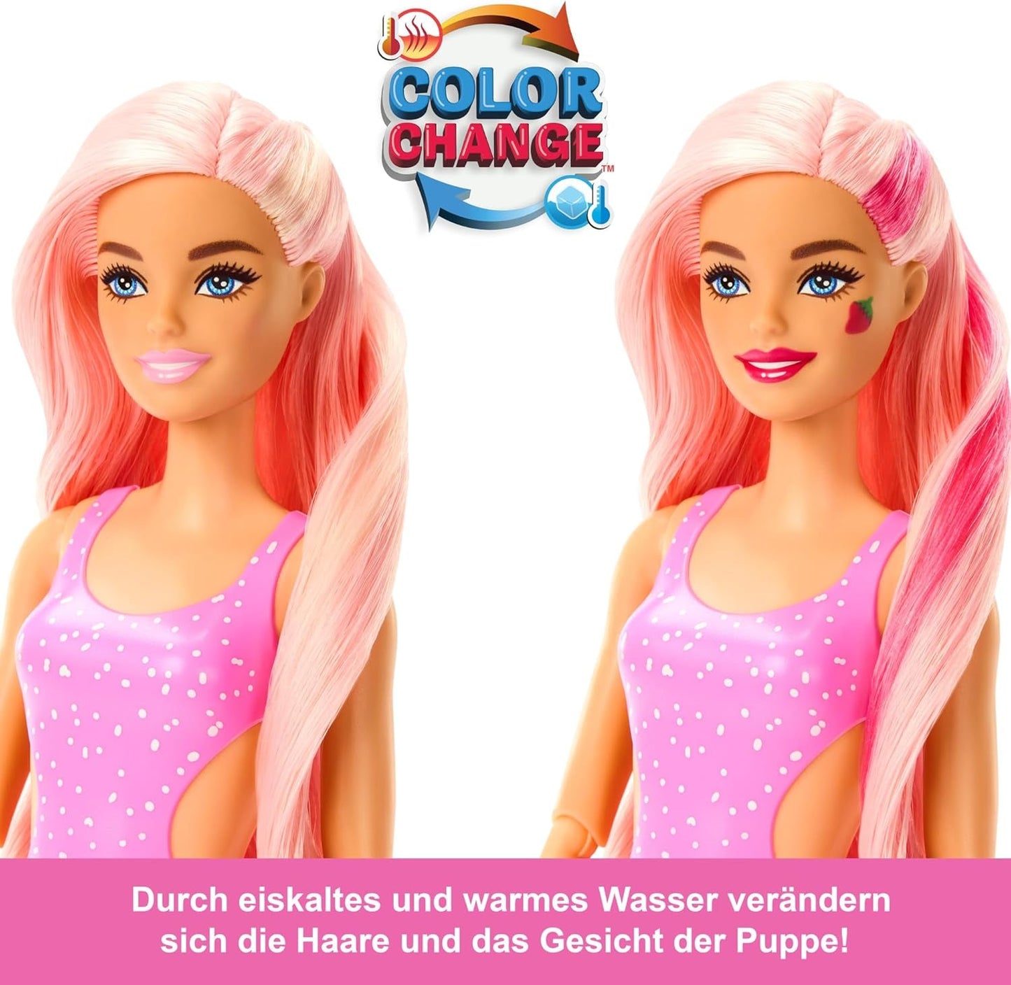Barbie Pop Reveal Fruit - Poupées surprises avec 8 surprises fruitées, dont une poupée positionnable parfumée à la limonade aux fraises et un chiot moelleux, à partir de 3 ans, HNW41