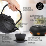 Service à thé Lumaland 8 pièces | Théière en fonte Tetsubin de 1,4 litre | Chauffage en fonte | 2 tasses à thé et 2 soucoupes | Service à thé japonais comprenant une cuillère doseuse en bambou et un infuseur en acier inoxydable