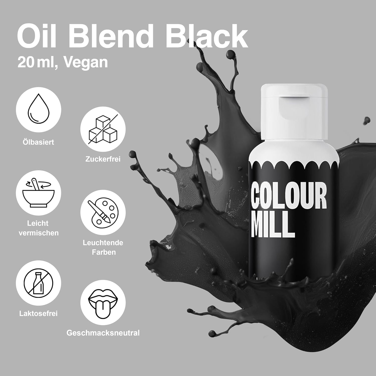 Color Mill Liquid Food Coloring Set - 5 x 20 ml à base d'huile (noir, rose vif, violet, rouge et bleu) - Résistant aux UV - Parfait pour la pâtisserie et comme garniture pour les gâteaux, muffins et décorations de gâteaux