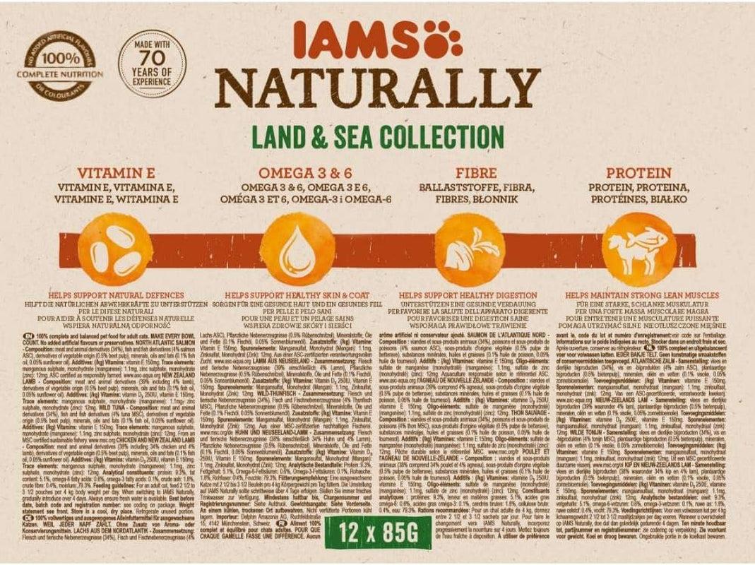 IAMS Natural Wet Cat Food in Sauce - Nourriture humide à base de viande et de poisson de haute qualité pour chat adulte, Collection Land & Sea, 12 x 85 g