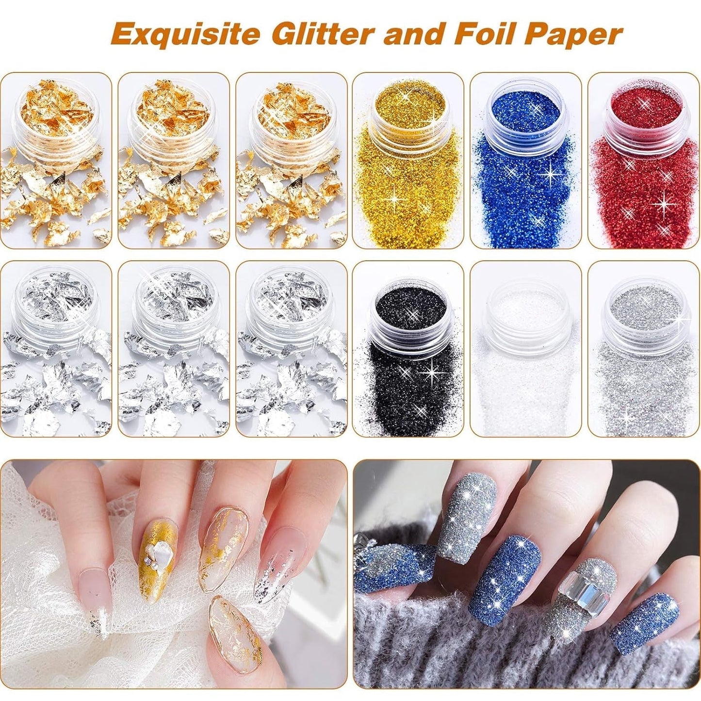 MELLIEX 45 pièces ensemble de décoration d'ongles, pinces à ongles, strass, paillettes, feuille d'or, conception de stylos à points, bande de ruban pour l'art des ongles, ensemble de manucure