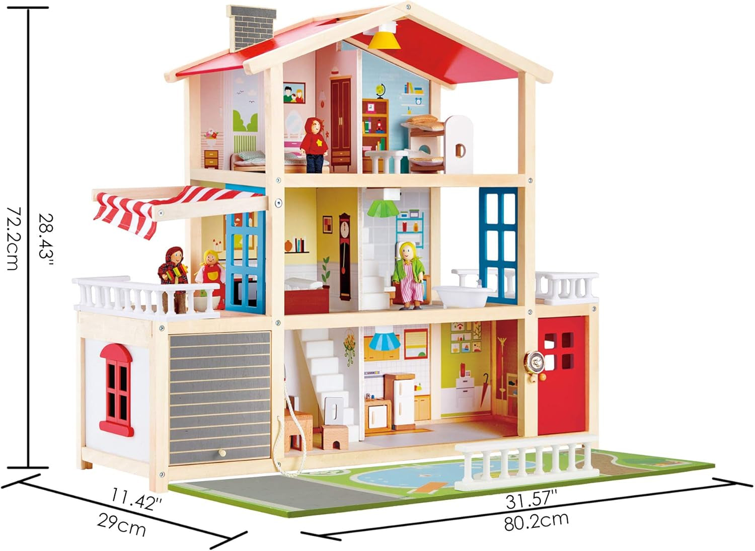 E3405 - Maison de poupée, Maison de poupée avec accessoires, en bois et E3475 - Accessoires de maison de poupée, Voiture familiale