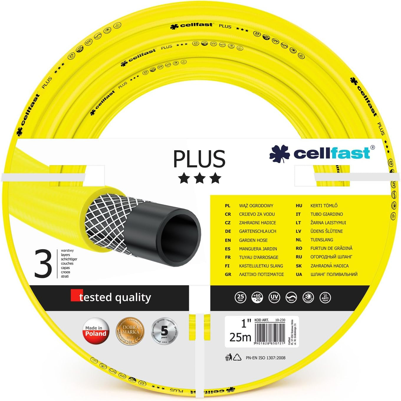 CELLFAST Tuyau d'arrosage 3,4 pouces Tuyau d'arrosage à 3 couches Tuyau d'irrigation flexible avec renfort de fil durable Résistant aux UV Anti-algues 25 bars 50 mètres et plus