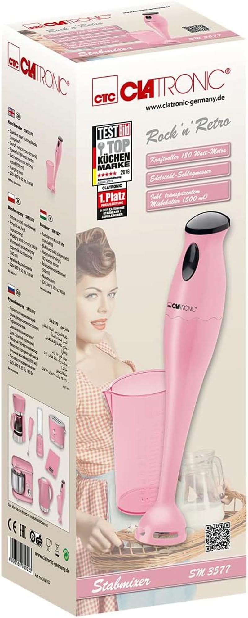 Clatronic Stabmixer/Pürierstab/Blender/Stab-Mixer/Stick/Mixstab SM 3577 ; Edelstahl-Schlagmesser; Pour Smoothie, Kürbispüree, Babybrei, Milchshake ; Avec Mixbehälter (500 ml); 180 watts ; Cuisine Rose Naty Shop