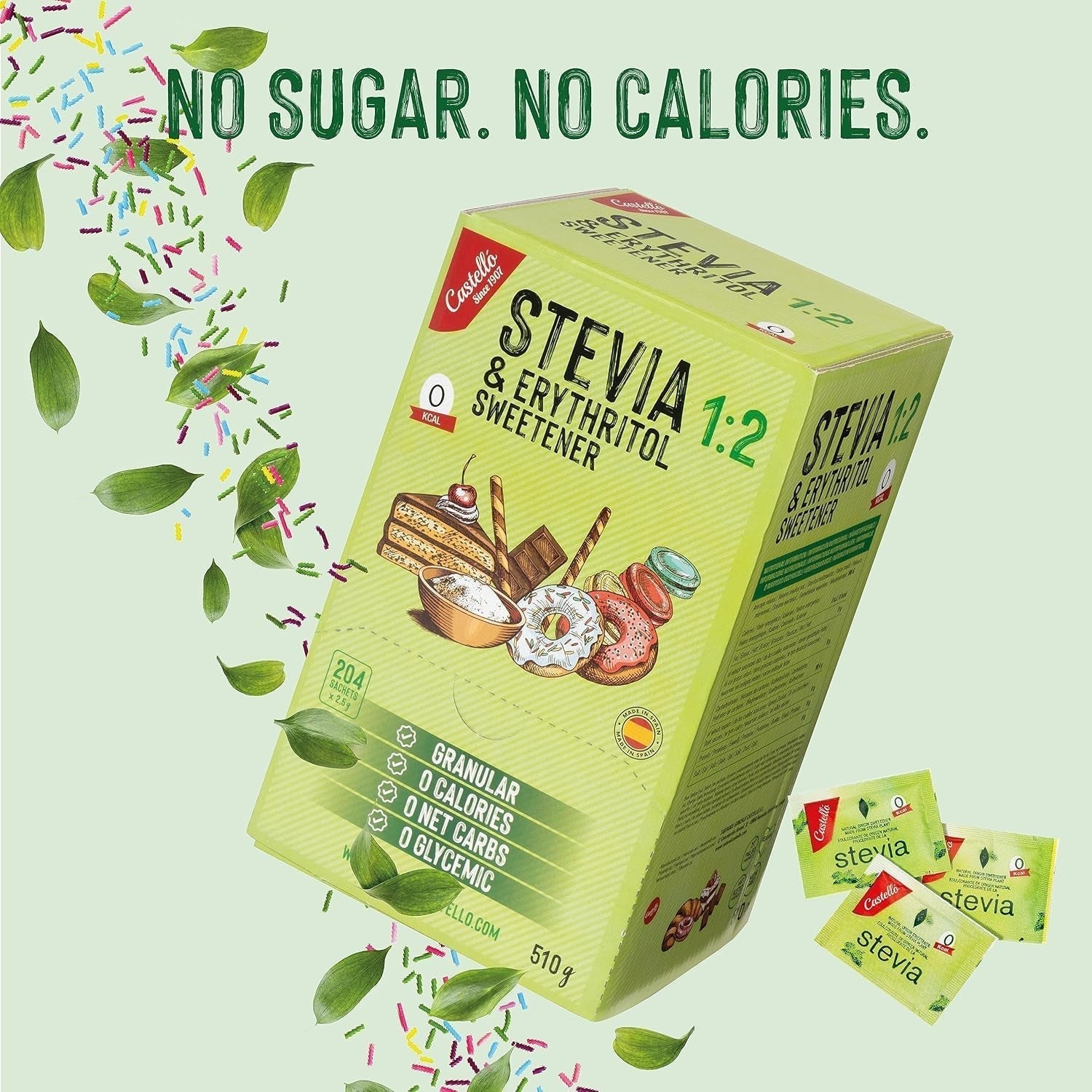 Stevia + Erythritol 1:2 Tissu doux | 204 Sac Mythe 2,5 G | Ingrédients 100% naturels - 0 calories - 0 indice glycémique - Keto et Paleo - 0 Kohlenhydrate - Kein GVO - Castello depuis 1907-510 G Édulcorants Naty Shop