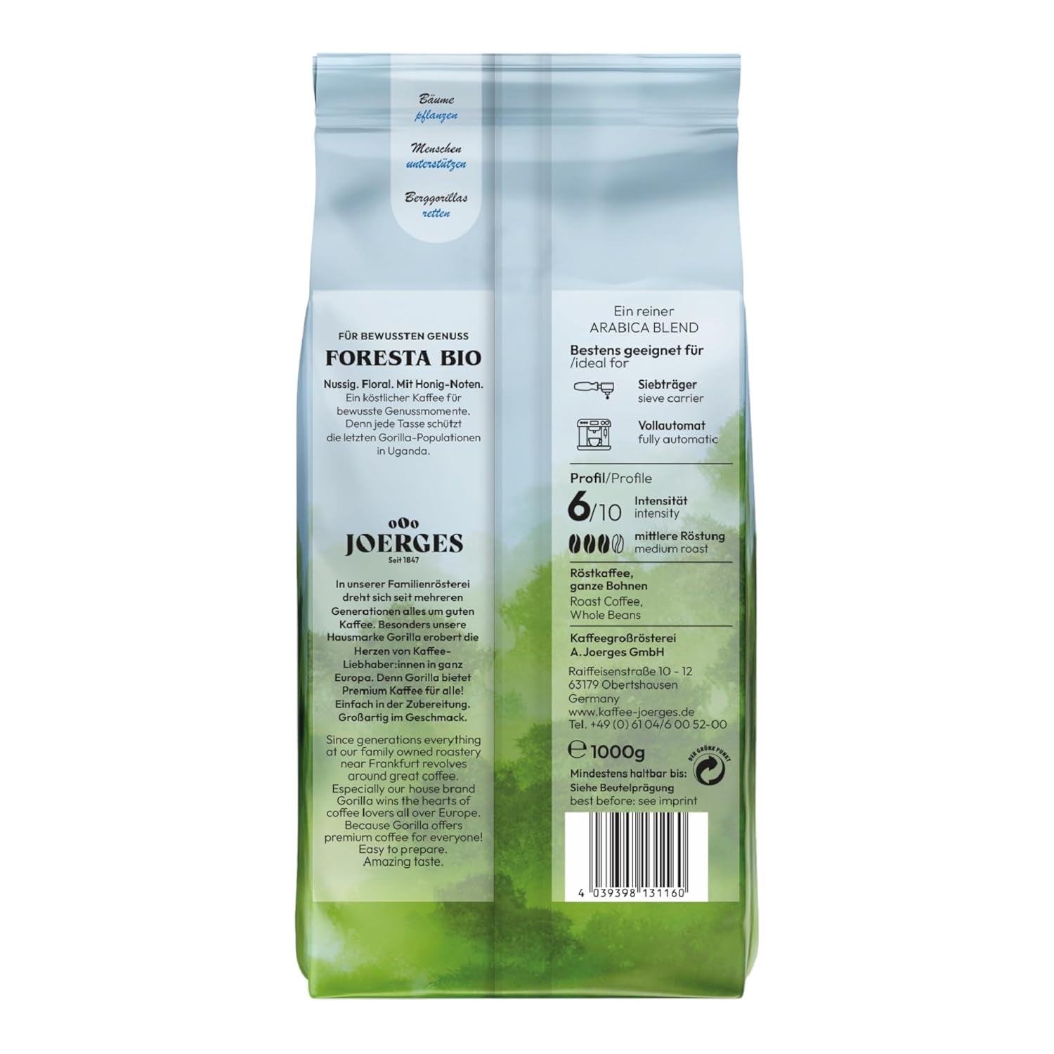 Café Gorilla Foresta 6 x 1000 g de grains entiers torréfiés | Mélange Arabica | Porte-filtre et machines à expresso entièrement automatiques | Café expresso