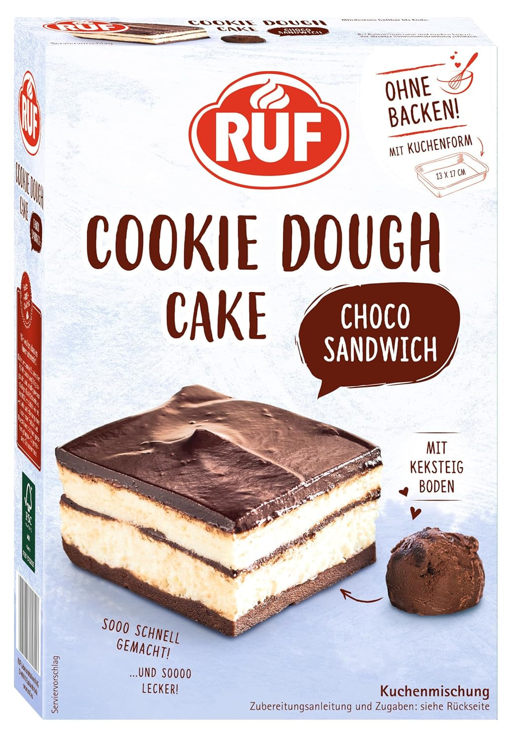 RUF Cookie Dough Cake Ohne Backen, Tortenboden Aus Keksteig Mit Frischkäse-Creme Und Schokoladenstückchen, Inkl. Kuchenform, 1X325G Mélange pour la pâtisserie et la cuisson Naty Shop 320 G (1Er Pack) Sandwich à la pâte à biscuits