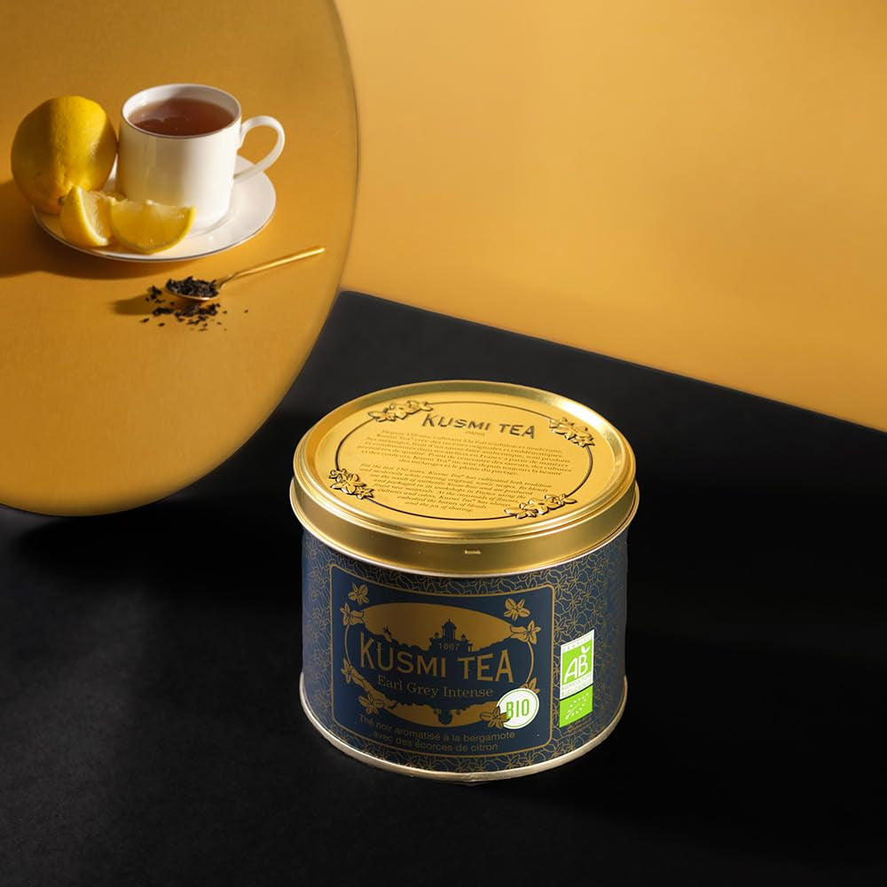 Kusmi Tea - Earl Grey Intense - Thé noir Earl Grey bio à la bergamote forte et au citron épicé - Thé en vrac - Boîte métal 100 g - Quantité pour environ 50 tasses