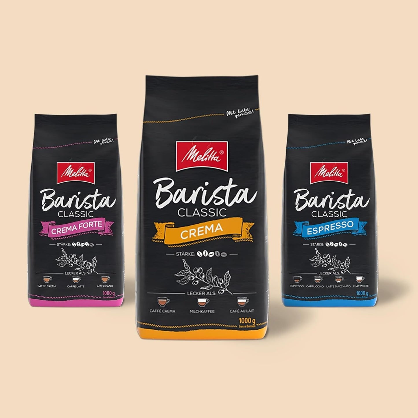 Melitta Barista Classic Espresso, grains de café entiers 1 kg, mouture, café en grains pour machines à expresso automatiques, torréfaction forte, intensité 5 (lot de 2)
