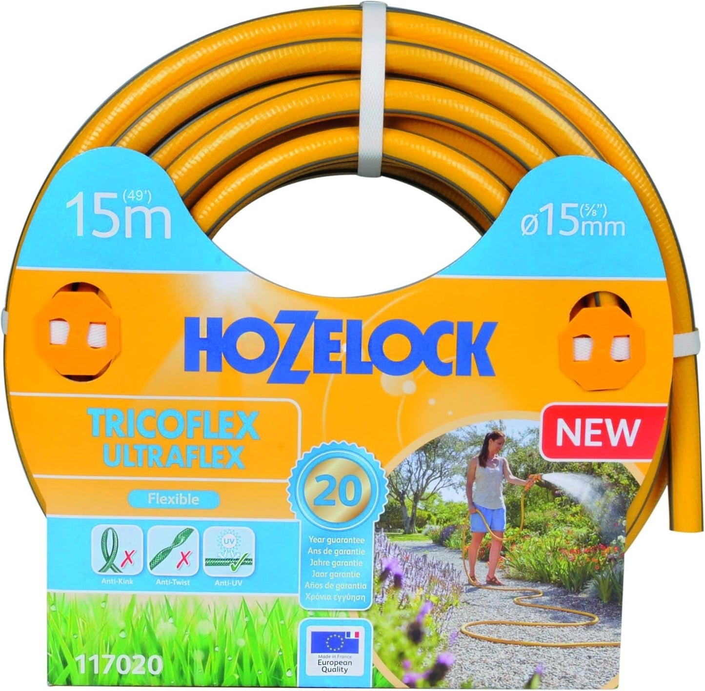 HOZELOCK - Tuyau Tricoflex Ultraflex Ø 12,5 mm (1/2") 20 M : Tuyau d'arrosage flexible, résistant aux intempéries, résistant à la torsion et à la flexion, composé à 40 % de PVC recyclé [117002], jaune
