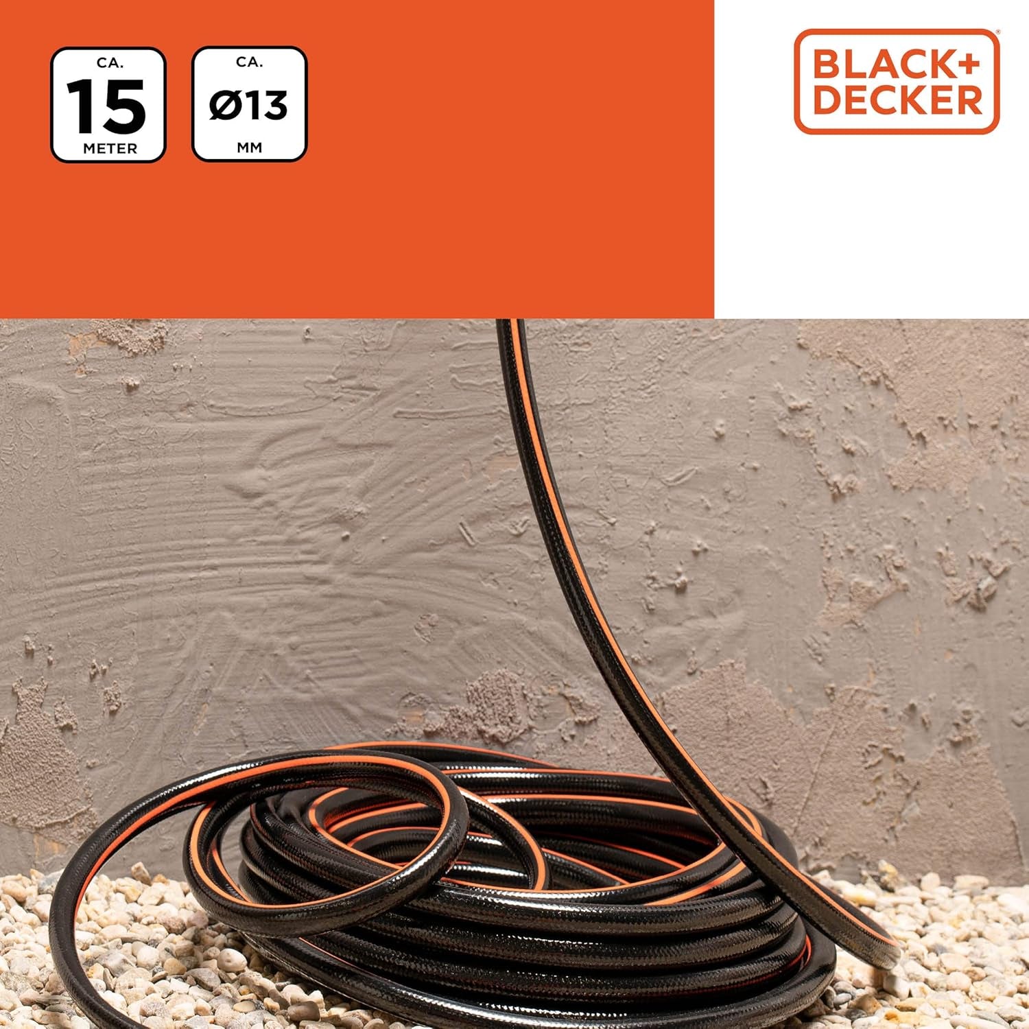 Tuyau d'arrosage BLACK+DECKER 15 mètres - Ø13MM - PVC résistant - Arrosage du jardin, lavage de la voiture, remplissage de la piscine - Compatible avec tout robinet standard - Noir/Orange