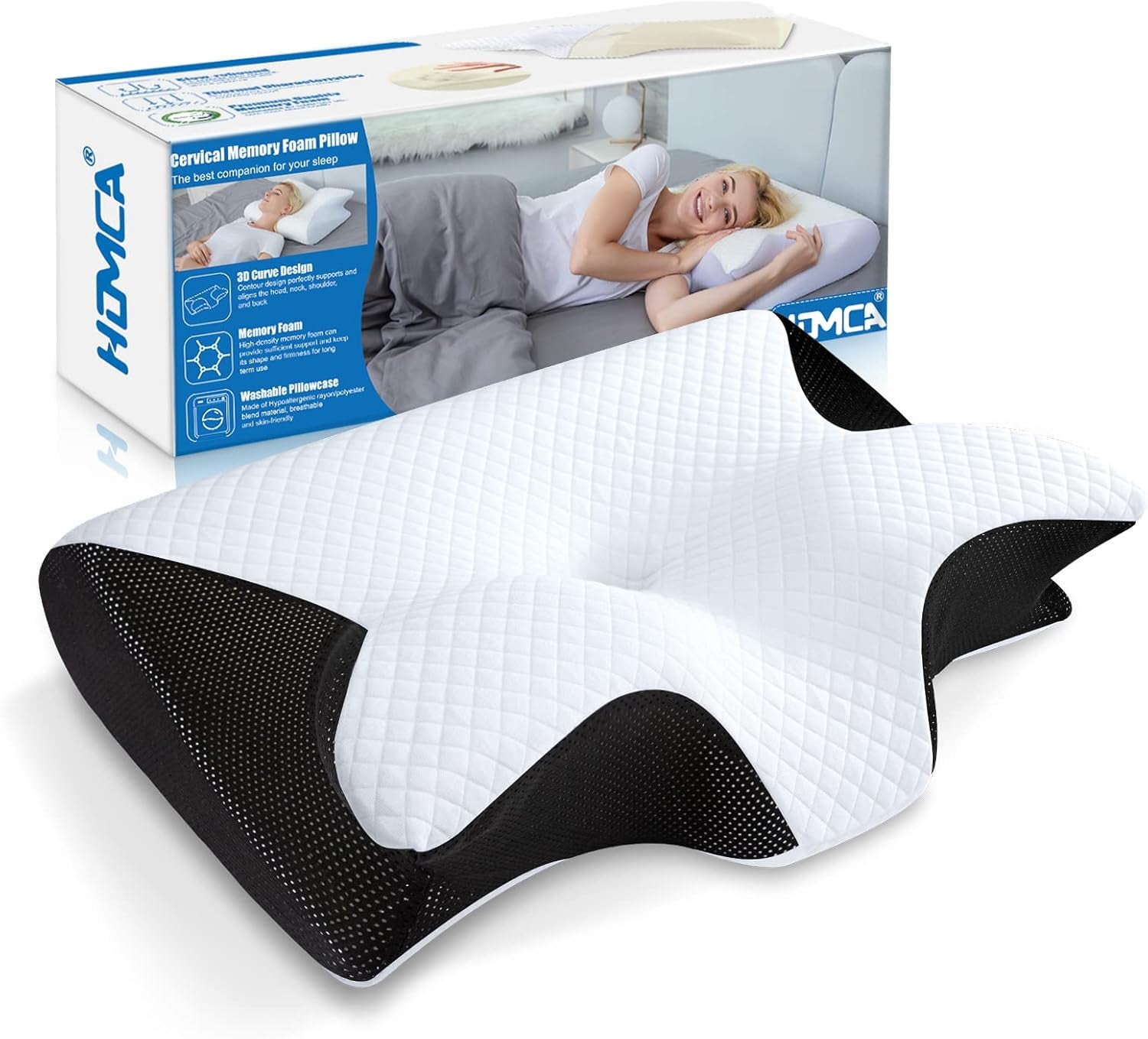 HOMCA Oreiller cervical Oreiller orthopédique 2 en 1 Oreiller en mousse à mémoire de forme Oreiller de soutien du cou Oreiller de tête ergonomique pour douleurs dorsales, latérales et abdominales 60 X 13/11 X 40 cm Oreillers orthopédiques cervicaux Naty Shop Noir