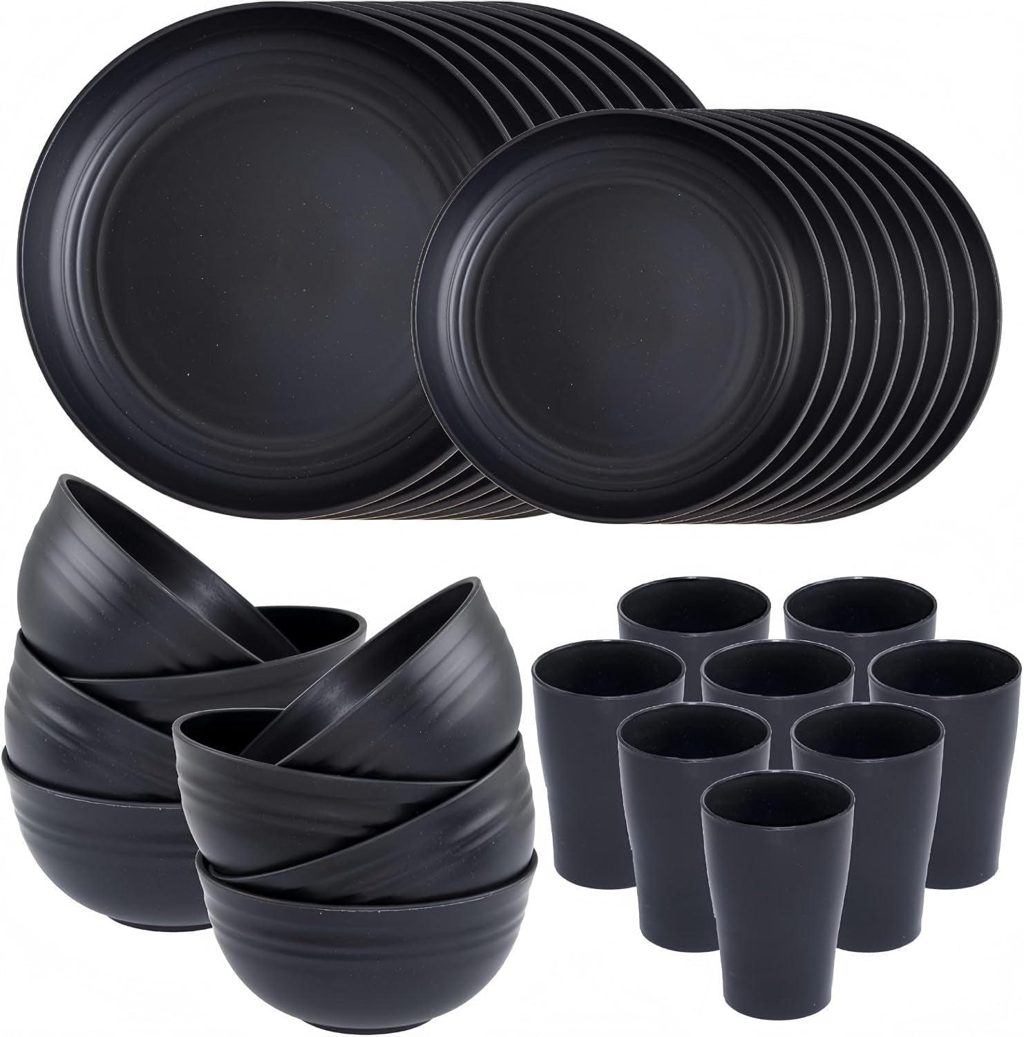 Vaisselle de camping Ensemble de vaisselle en plastique réutilisable léger de 32 pièces pour 8 personnes comprenant des bols, des assiettes, des tasses, une vaisselle de pique-nique incassable en plastique écologique