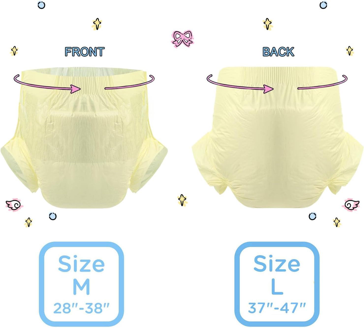 CutiePlusU Lot de 10 couches jetables pour incontinence avec boucles pour femme et homme, absorption maximale pendant la nuit – Jaune (taille moyenne 71-96 cm)