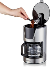 Machine à expresso à filtre Cloer 6 tasses, fonction maintien au chaud doux, carafe en verre, cuillère doseuse, indicateur de niveau d'eau, système anti-goutte, arrêt automatique, taille de filtre 1x2, 550 W, acier inoxydable