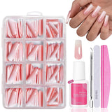 Ensemble de faux ongles – 240 pièces de faux ongles français à coller – Rose blanc dégradé design ongles artificiels couverture complète en gel doux naturel et confortable à porter (rose amande)