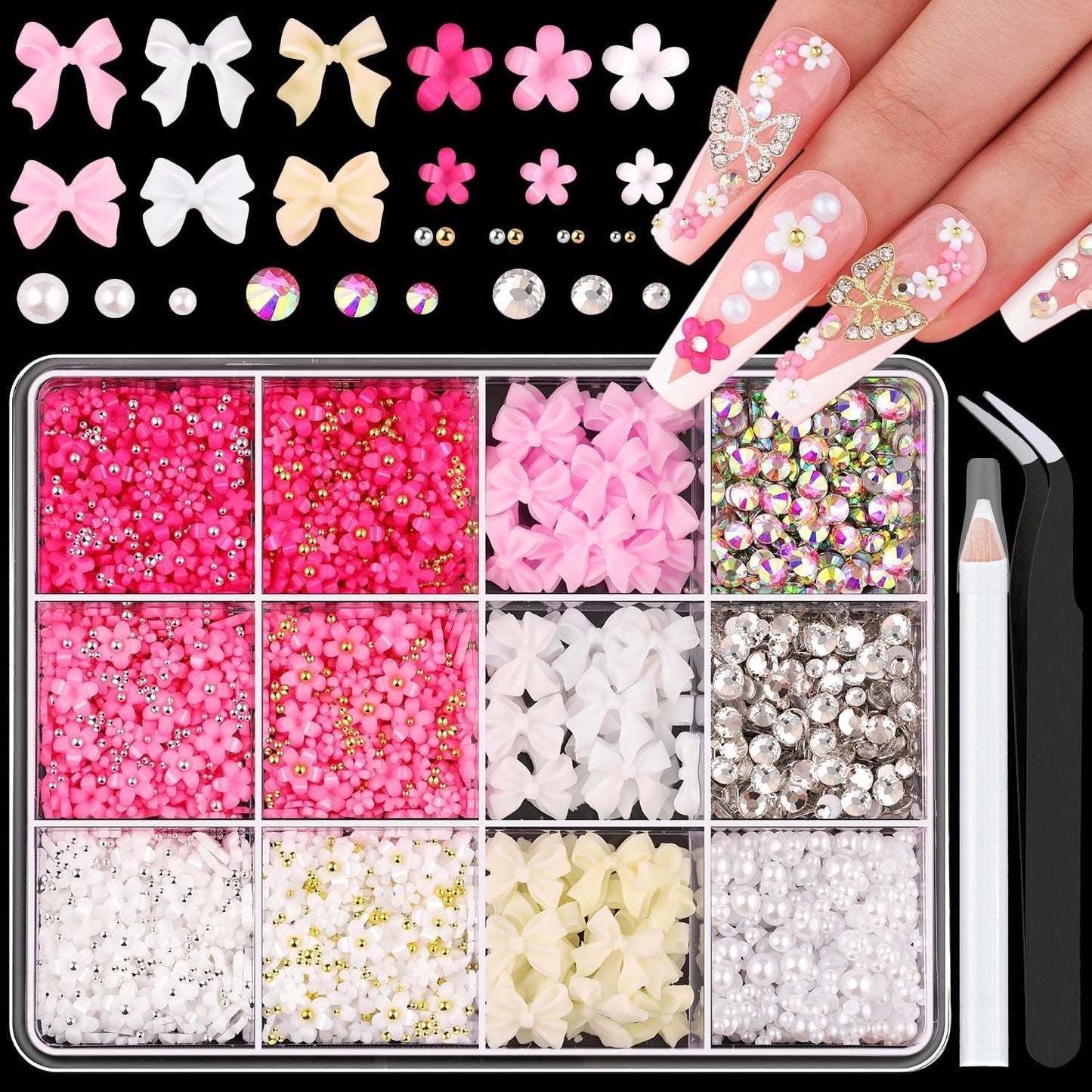 GZMAYUEN 920 pièces perles à dos plat or argent pour ongles, perles à ongles demi-brun blanc beige, petites perles à dos plat demi-brun pour décoration d'art d'ongle bricolage