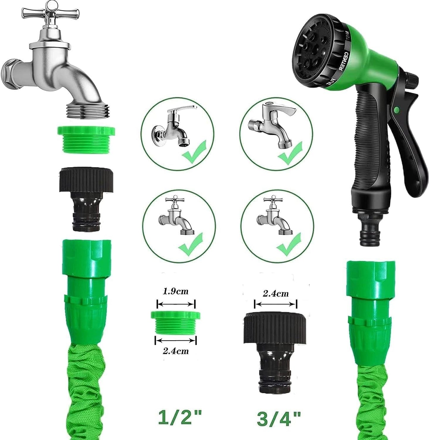 Tuyau d'arrosage flexible et extensible avec raccords de 1,9 cm et 1,27 cm, buse de pulvérisation à 8 fonctions, bleu ou vert, 15 m