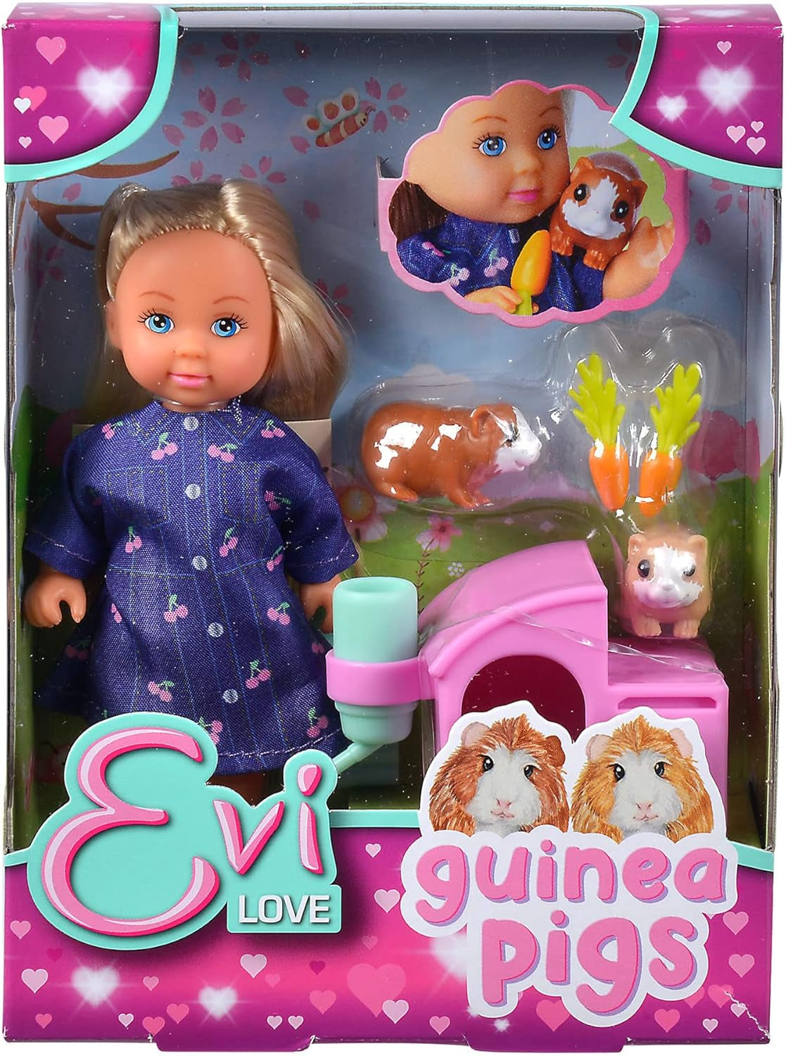 Simba Evi Love Poupée de jeu cochons d'Inde avec deux cochons d'Inde et maison, bouteille d'eau et carottes, 12 cm, à partir de 3 ans