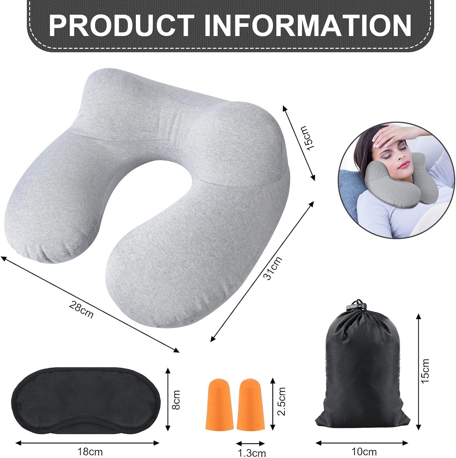 Aiqinu Oreiller Gonflable pour Le Cou, Oreiller Gonflable Compact pour Le Cou Rapide avec Housse d'oreiller Lavable pour Les Voyages en Voiture, Avion, Train, Bureau, Oreillers de Voyage en Famille Naty Shop