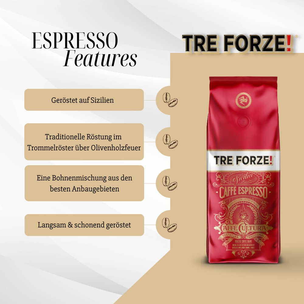 Espresso Caffè - Espresso en grains - Torréfié traditionnellement au feu de bois d'olivier, fabriqué à la main en Sicile - Café en grains de qualité supérieure 250g pour machines à café entièrement automatiques et machines à porte-filtre