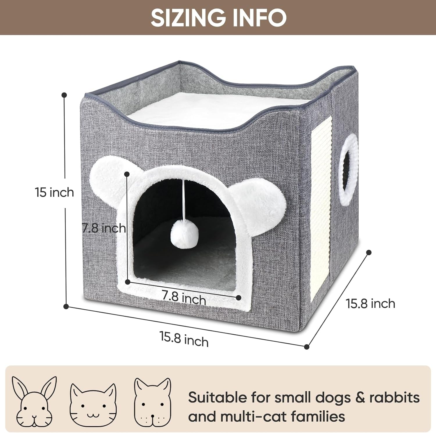 Katzenbetten für Indoor Katzen, Faltbares Katzenhaus, Katzenhöhle 2 Schicht Würfel Großer Raum Katzenbett mit Kratzbrett et Spielball, 15,8 x 15,8 x 15 pouces