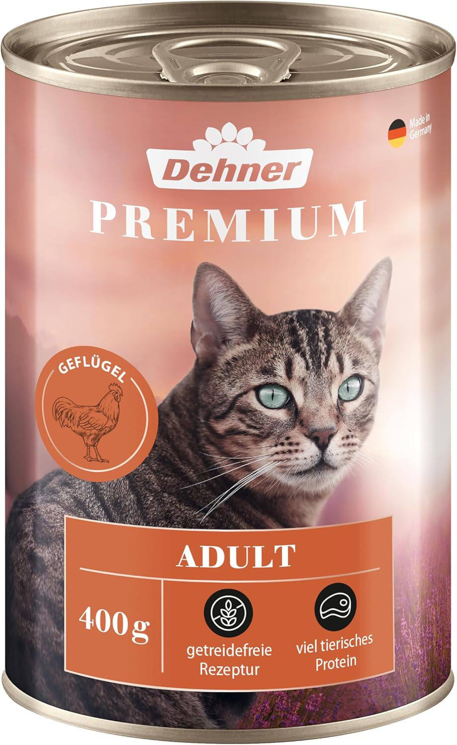 Dehner Premium nourriture humide pour chat, sans céréales, pour chat adulte, volaille, 6 boîtes de 400 g (2,4 kg)