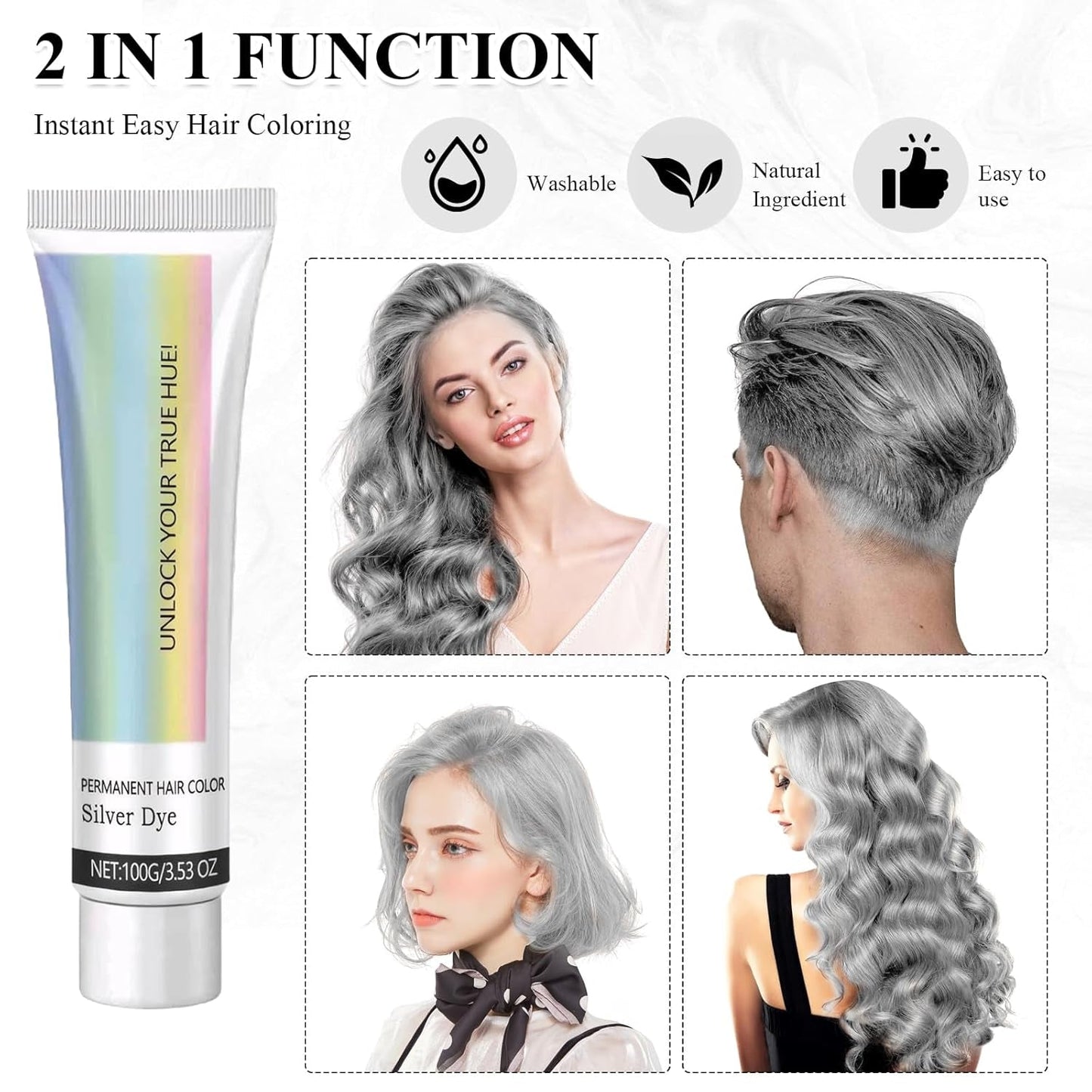 Teinture pour cheveux Gris Argent Crème de teinture pour cheveux gris argent naturel, Crème de teinture pour cheveux gris Gris argent, Crème de teinture pour cheveux naturelle gris argenté Teinture pour cheveux gris pour tous les types de cheveux avec 1 masseur de cuir chevelu (100 ml) Teinture pour cheveux Naty Shop