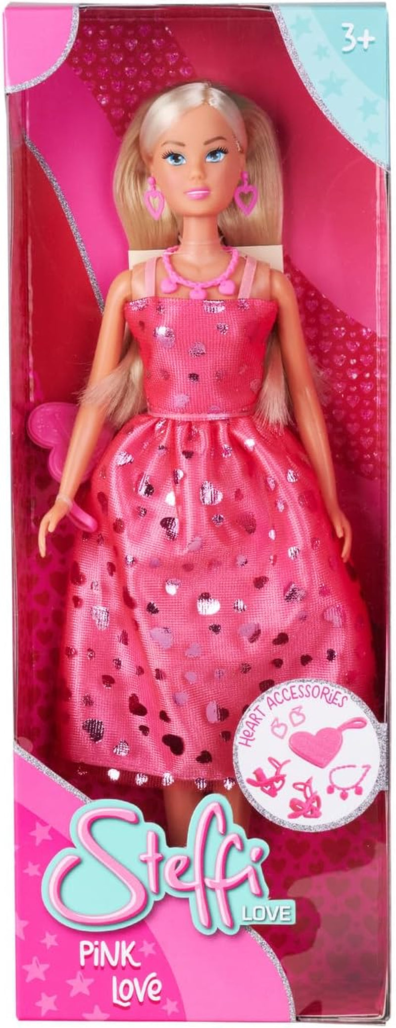 Simba Steffi Love Pink Love – Ankleidepuppe im pinken Glitzerkleid, inkl. Porte-clés en forme de petit format, 29 cm de large, poupée mode pour jeux de rôle créatifs, pour enfants à partir de 3 ans