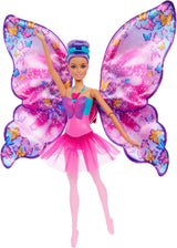 Barbie Danseuse et papillon 2 en 1 transformant la danseuse en papillon avec ailes ouvertes, cheveux violets, accessoires pour cheveux et tutu détachable, HXJ10