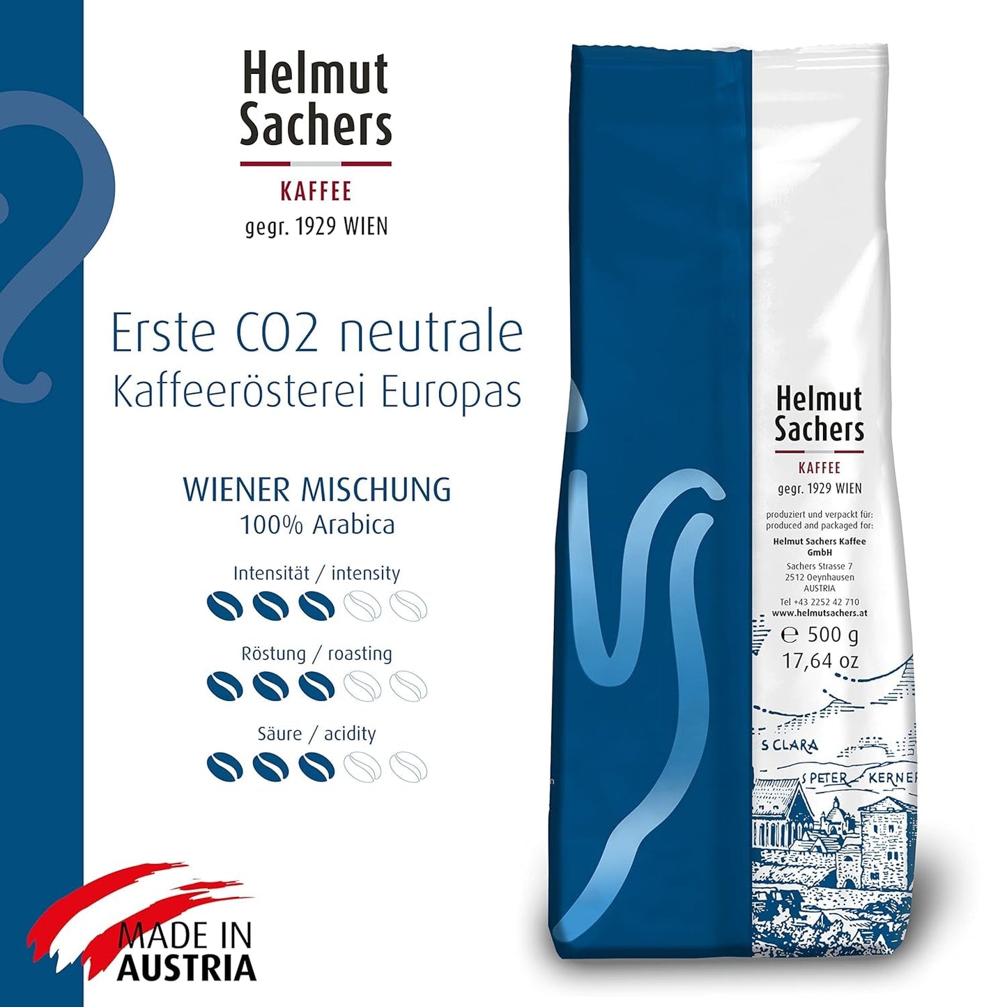 Helmut Sachers Kaffee - Wiener Mischung, Wiener Melange Kaffee aus erstklassigen Hochland Arabica Bohnen, nachhaltig geröstet in Österreich - ganze Kaffeebohnen, 500g