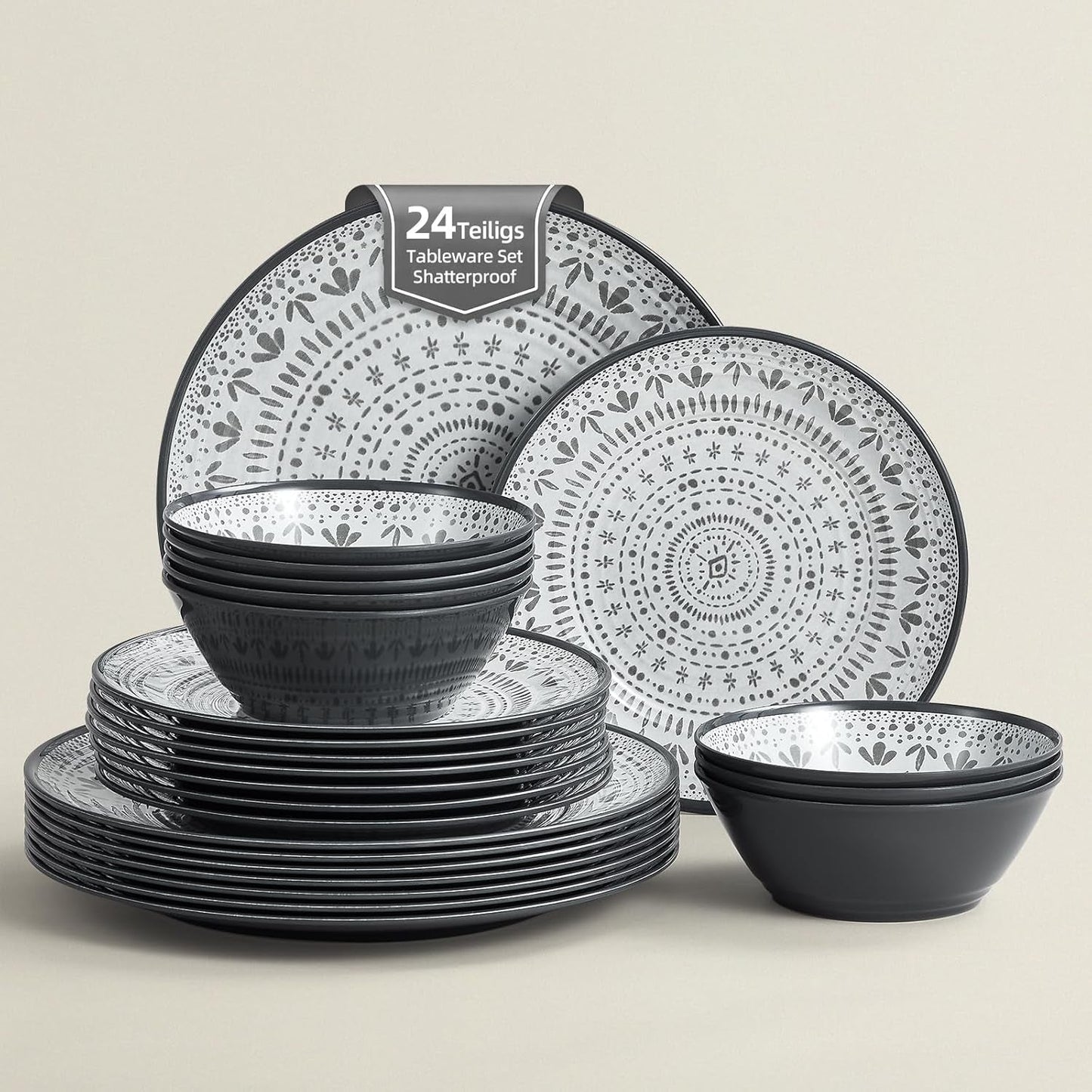 Ensemble de couverts de camping en mélamine 24 pièces pour 8 personnes – Ensemble d'assiettes et de couverts en mélamine, parfait pour les camping-cars, les fêtes dans le jardin et les fêtes sur la terrasse