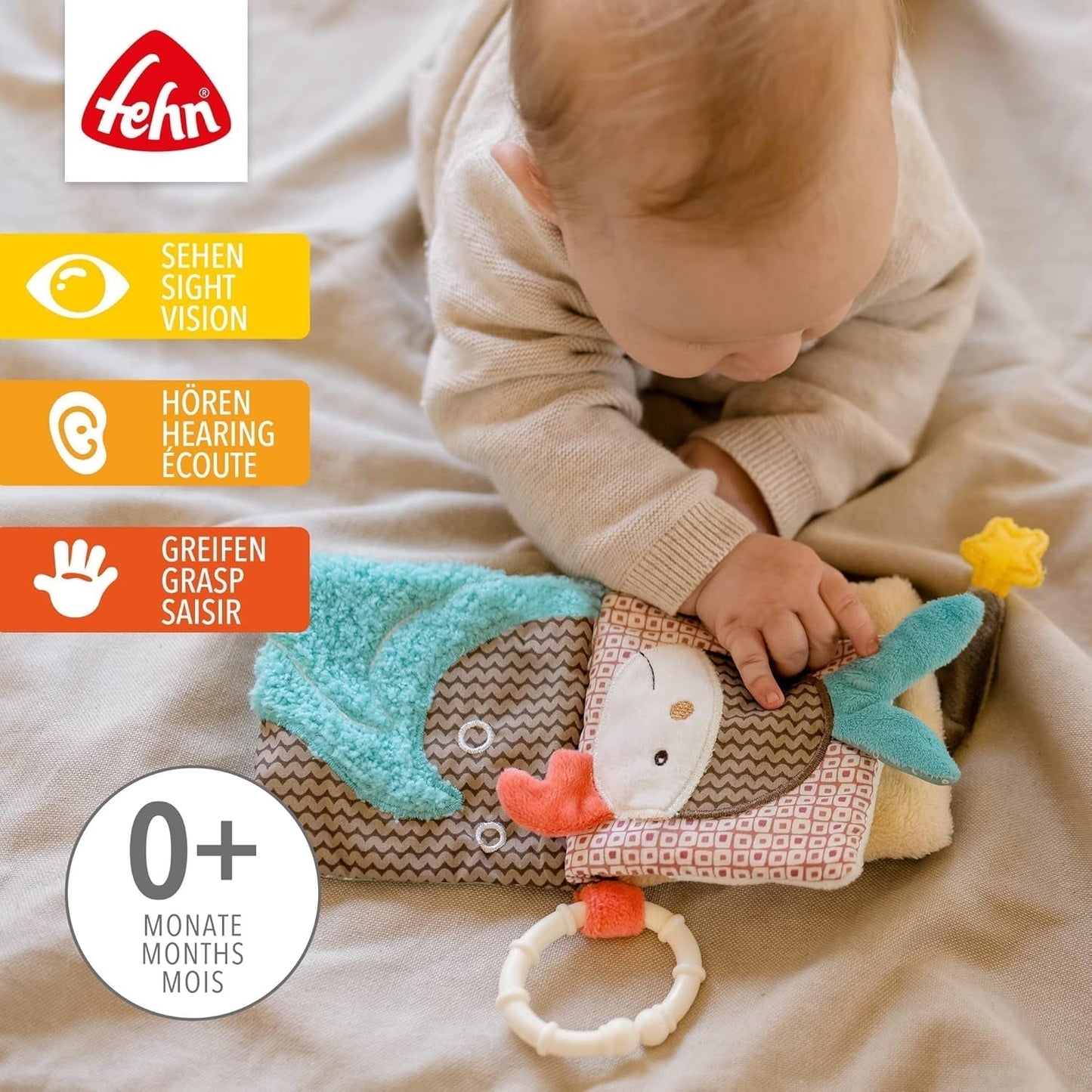 Fehn Play Glove Safari - Marionnettes à doigts pour bébé - Singe et éléphant pour saisir et faire des bruits - Livre d'images doux Bruno - Livre tactile pour enfants avec motifs d'animaux Jouets pour bébés Naty Shop