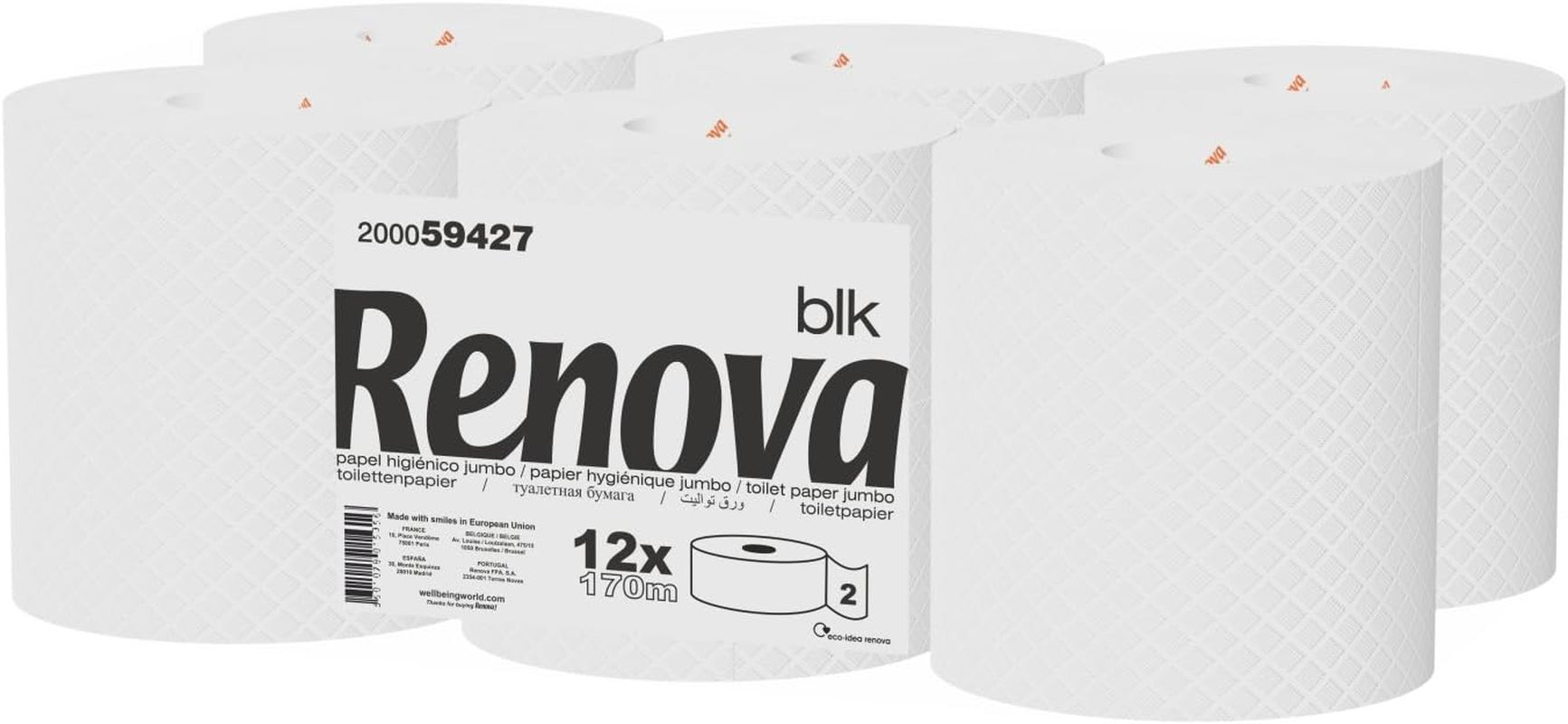 Papier toilette Renova Jumbo BLK, 12 rouleaux à 170 M, papier blanc, 2 couches